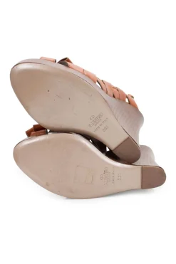 Brown leather high heeled wedge sandals with platform and open toe