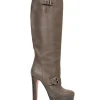 Brown leather knee high boots with chunky high heel