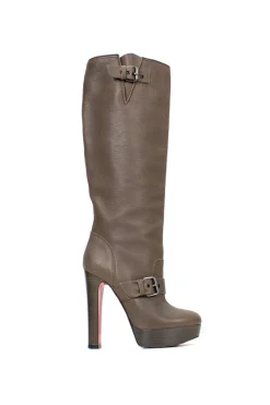 Brown leather knee high boots with chunky high heel