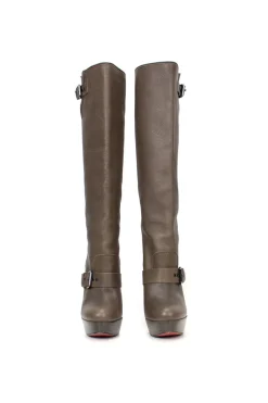 Brown leather knee high boots with chunky high heel