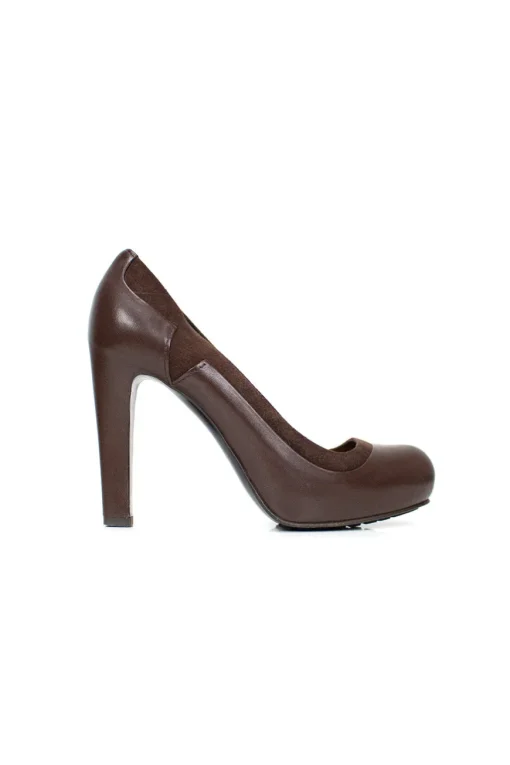 Brown leather round toe high heel pumps