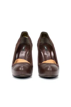 Brown leather round toe high heel pumps