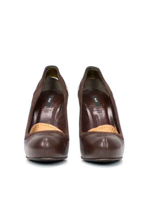 Brown leather round toe high heel pumps