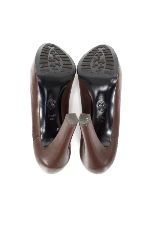 Brown leather round toe high heel pumps