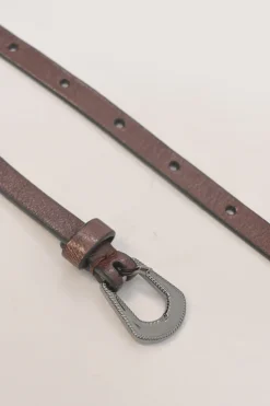 Brown leather skinny buckle belt