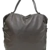 Brown leather soft tote bag with intrecciato handles in alligator skin
