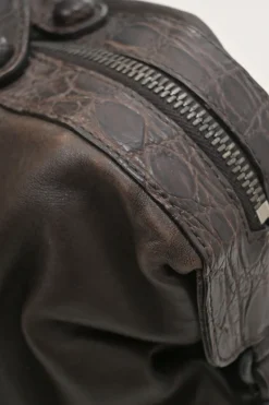 Brown leather soft tote bag with intrecciato handles in alligator skin