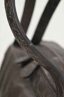 Brown leather soft tote bag with intrecciato handles in alligator skin