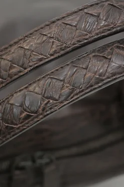 Brown leather soft tote bag with intrecciato handles in alligator skin
