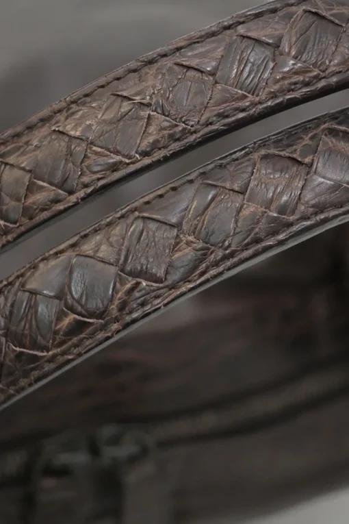 Brown leather soft tote bag with intrecciato handles in alligator skin