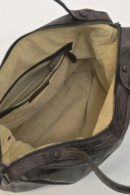 Brown leather soft tote bag with intrecciato handles in alligator skin