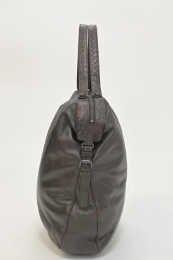 Brown leather soft tote bag with intrecciato handles in alligator skin