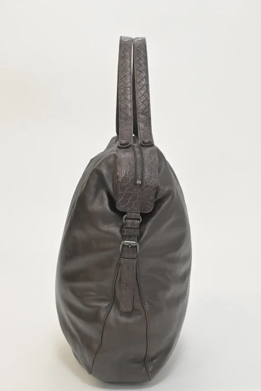 Brown leather soft tote bag with intrecciato handles in alligator skin