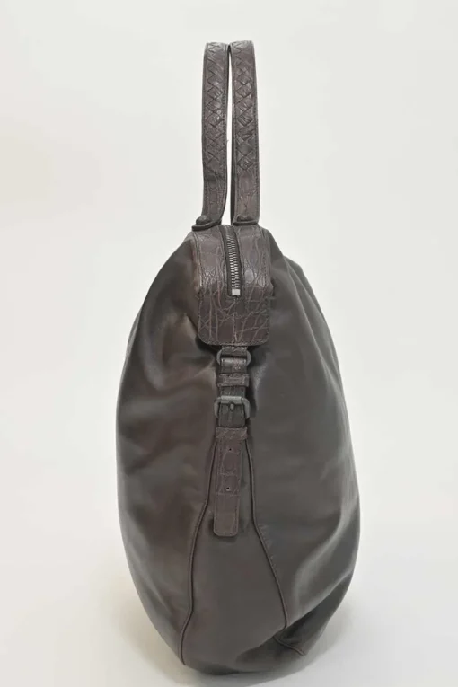 Brown leather soft tote bag with intrecciato handles in alligator skin