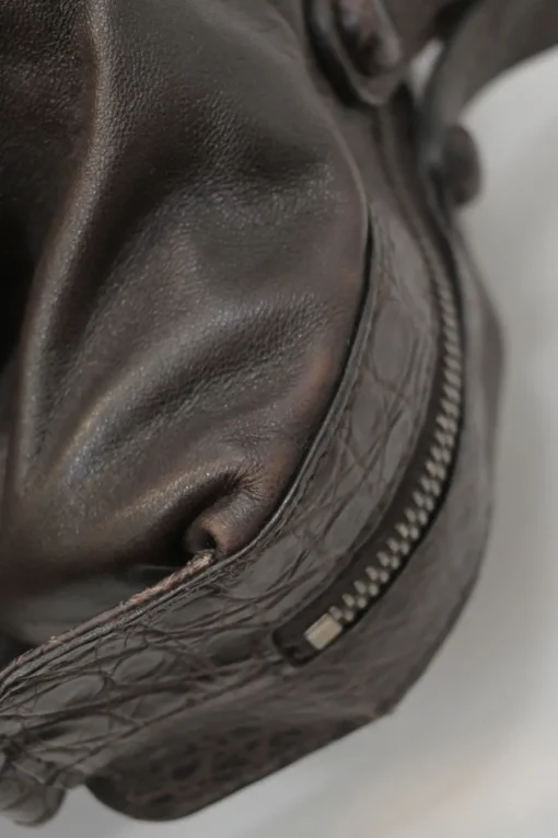 Brown leather soft tote bag with intrecciato handles in alligator skin
