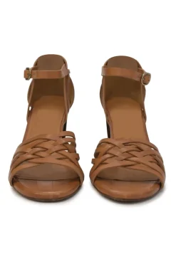 Brown leather woven block heel sandals with buckle strap fastening