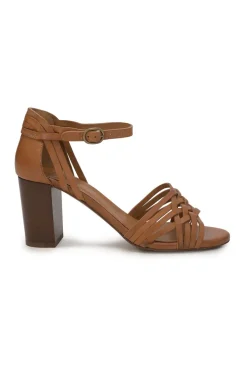 Brown leather woven block heel sandals with buckle strap fastening