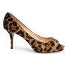 Brown leopard print calf hair and leather platform peep-toe pumps
