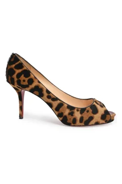 Brown leopard print calf hair and leather platform peep-toe pumps