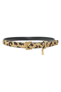 Brown leopard print calf hair and leather charm buckle belt
