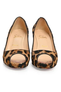 Brown leopard print calf hair and leather platform peep-toe pumps