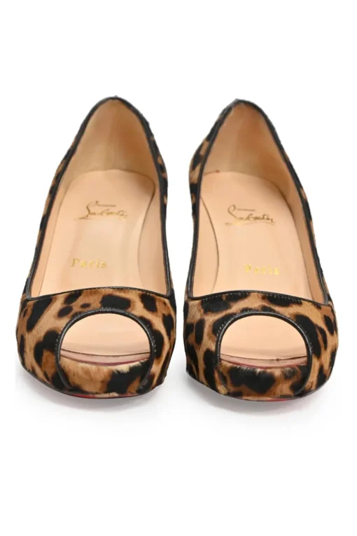 Brown leopard print calf hair and leather platform peep-toe pumps