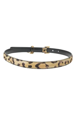 Brown leopard print calf hair and leather charm buckle belt