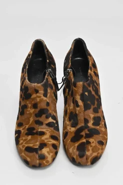 Brown leopard print calf hair and leather ankle booties with tassel zip fastening