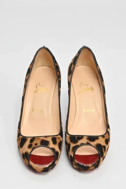 Brown leopard print calf hair and leather platform peep-toe pumps