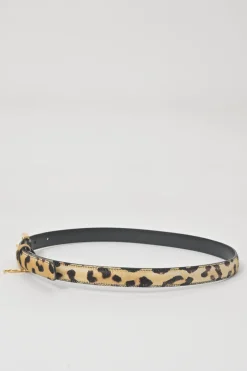 Brown leopard print calf hair and leather charm buckle belt