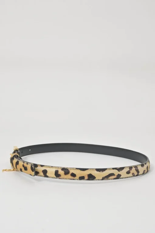 Brown leopard print calf hair and leather charm buckle belt