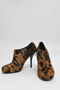 Brown leopard print calf hair and leather ankle booties with tassel zip fastening