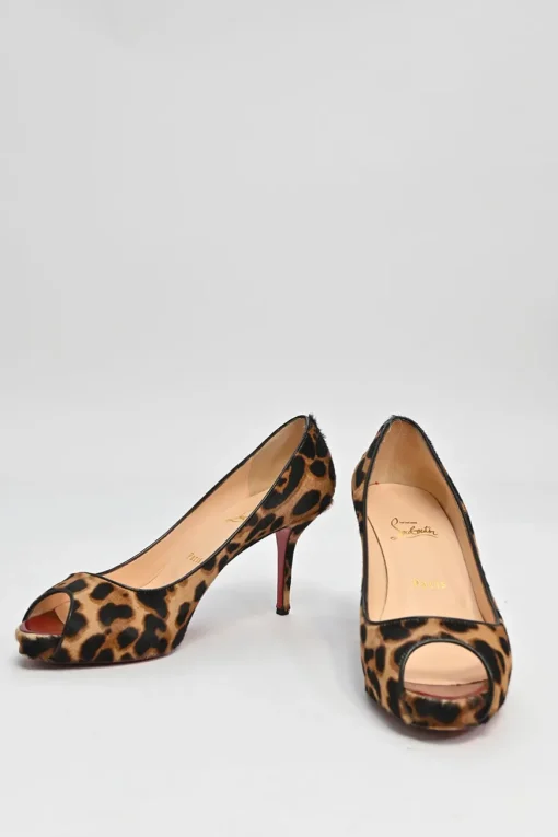 Brown leopard print calf hair and leather platform peep-toe pumps