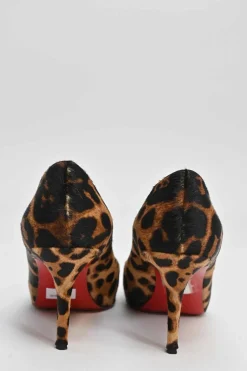Brown leopard print calf hair and leather platform peep-toe pumps