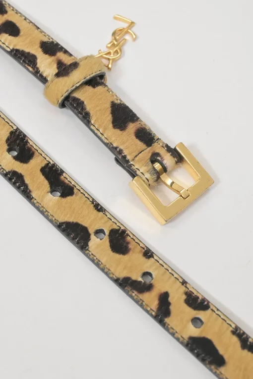Brown leopard print calf hair and leather charm buckle belt