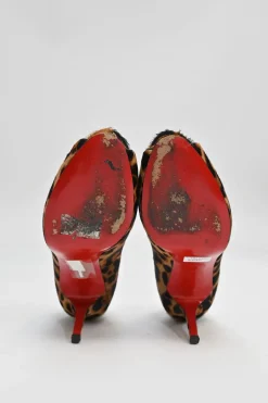 Brown leopard print calf hair and leather platform peep-toe pumps