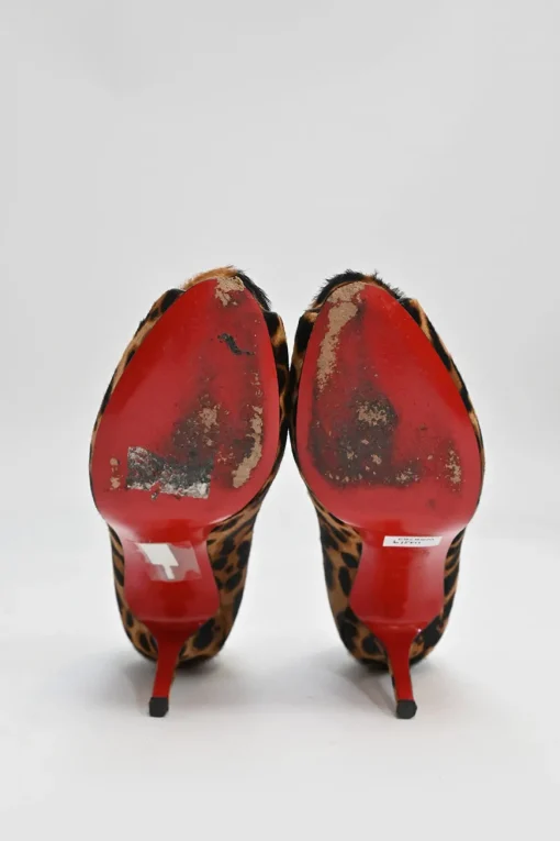 Brown leopard print calf hair and leather platform peep-toe pumps