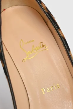 Brown leopard print calf hair and leather platform peep-toe pumps