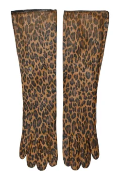 Brown leopard print leather long gloves