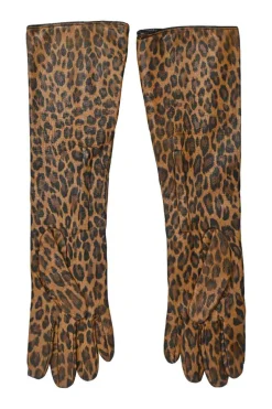 Brown leopard print leather long gloves