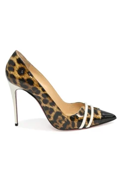 Brown leopard print patent leather Front Double pointed-toe pumps
