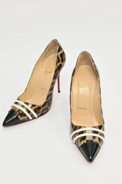 Brown leopard print patent leather Front Double pointed-toe pumps