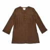 Brown linen mélange embroidered half-button tunic top and high-rise tapered leg trouser set