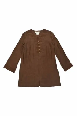 Brown linen mélange embroidered half-button tunic top and high-rise tapered leg trouser set