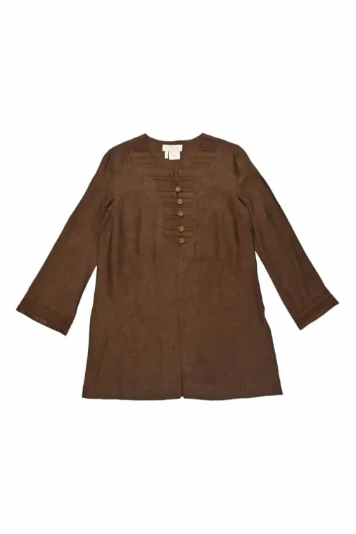 Brown linen mélange embroidered half-button tunic top and high-rise tapered leg trouser set