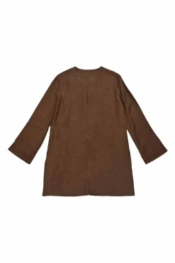 Brown linen mélange embroidered half-button tunic top and high-rise tapered leg trouser set