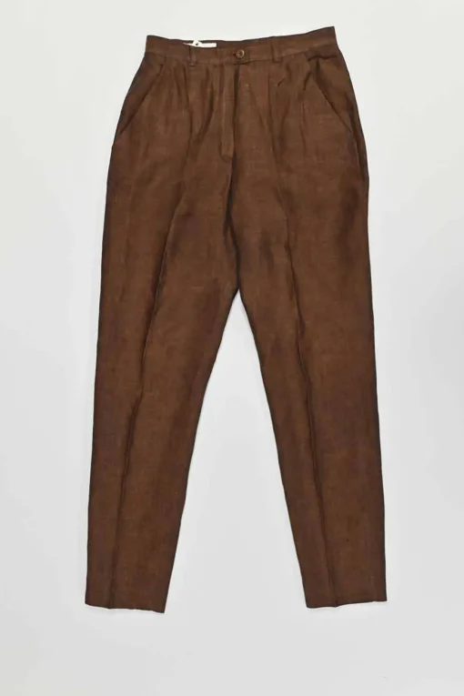 Brown linen mélange embroidered half-button tunic top and high-rise tapered leg trouser set