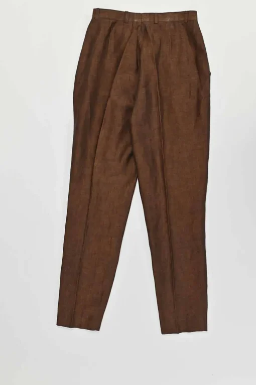 Brown linen mélange embroidered half-button tunic top and high-rise tapered leg trouser set