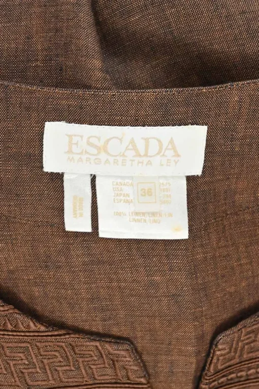 Brown linen mélange embroidered half-button tunic top and high-rise tapered leg trouser set