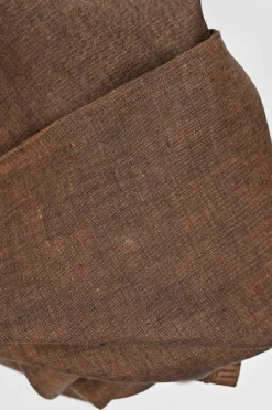 Brown linen mélange embroidered half-button tunic top and high-rise tapered leg trouser set